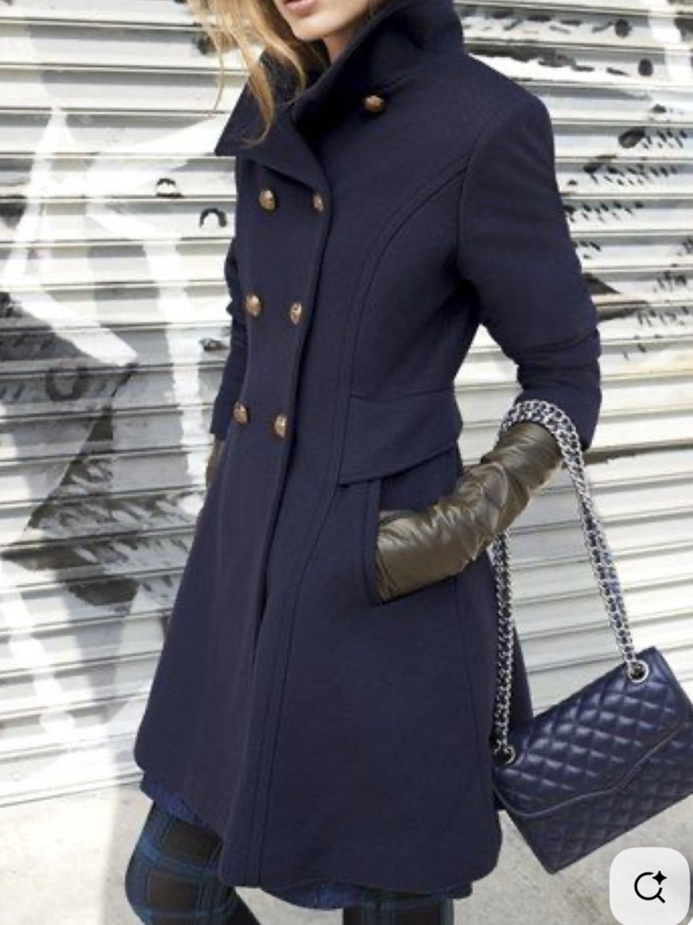 Trina Turk Navy Double-Breasted Pea Coat with Brass Buttons